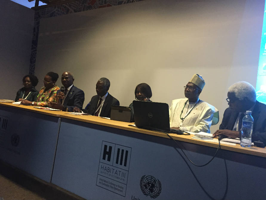 Hon.Minister of Power, Works & Housing, Mr Babatunde Fashola, SAN (3rd left),Secretary General, Jean Elong Mbassi (right), Minister from Cameroun, Jean Claude Mbwentchou(2nd right), Kenyan Minister of Environment, Prof. Judi Wakhuaju(3rd right), Chad's Minister of Urban Development, Mr David Houdeingar (middle), Angolan Minister, Mrs Branca Do Espirito Santo(2nd left) and Director Social Development Division(UNECA) during the Session on Implementing the New Urban Agenda for Africa's Structural transformation at the Third United Nations Conference on Housing and Sustainable Urban Development (HABITAT III) in Quito, Ecuador on Monday 17th, October 2016. 